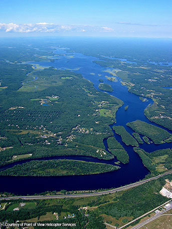 Aerial photo overlooking Merrymeeting Bay from the Cook's Corner area of Brunswick.