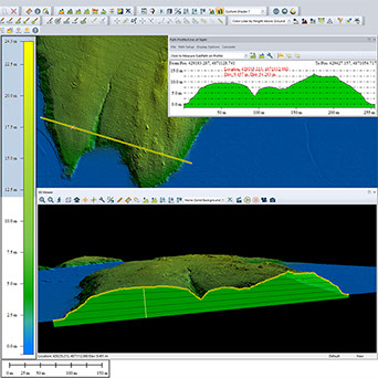 A profile view of a cut through land.